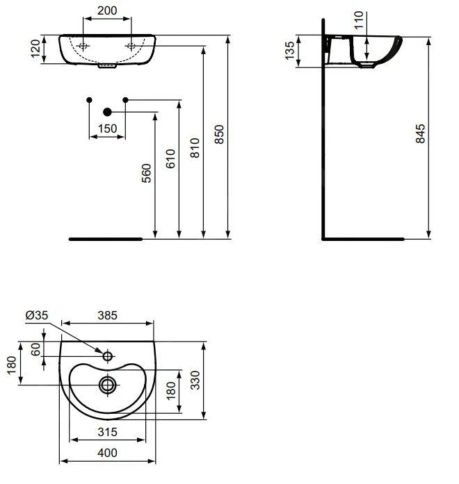 Ideal Standard Contour 21 - Fontein 400x330 Mm, 1 Kraangat, Zonder Overloop, Wit S263901 2 Ideal Standard Contour 21 - Fontein 400x330 Mm, 1 Kraangat, Zonder Overloop, Wit S263901 - Afbeelding 2