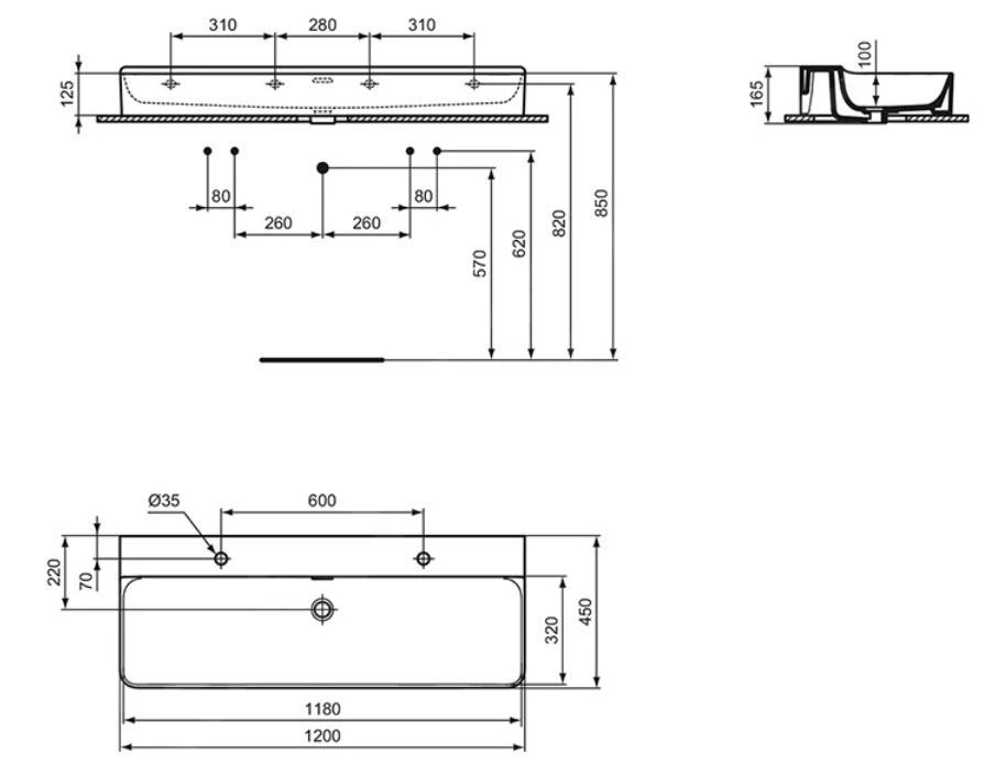 Ideal Standard Conca Ceram - Dubbele Wastafel 1200x450 Mm, Met Overloop, Met Kraangat, Wit T380301 2 Ideal Standard Conca Ceram - Dubbele Wastafel 1200x450 Mm, Met Overloop, Met Kraangat, Wit T380301 - Afbeelding 2