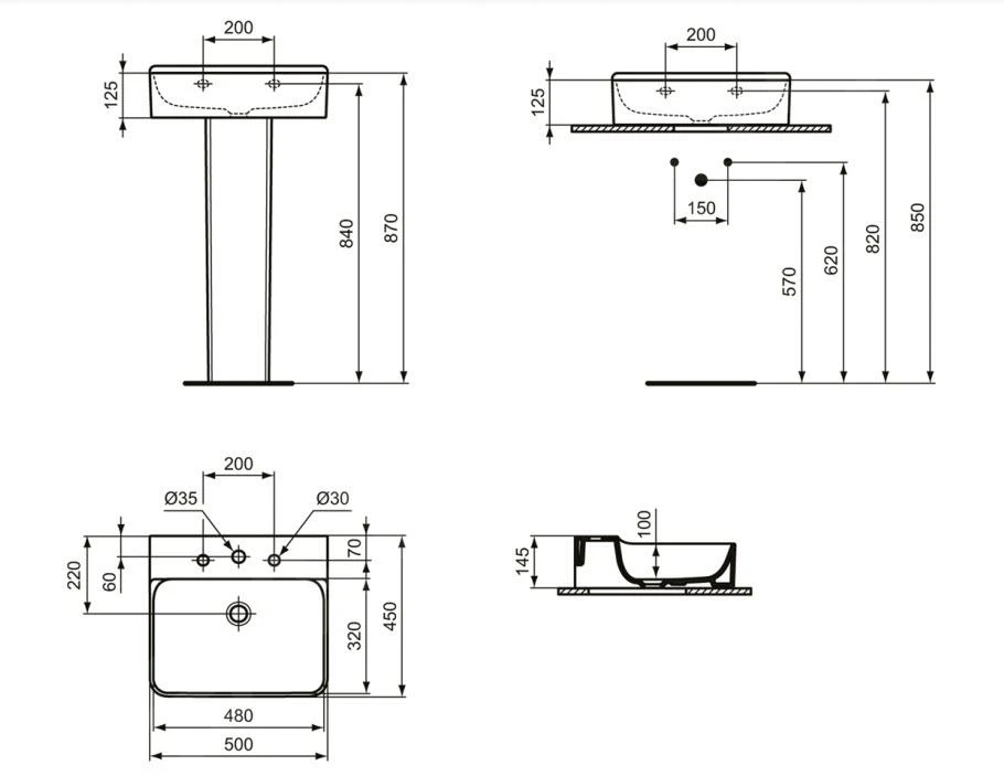Ideal Standard Conca Ceram - Wastafel 500x450 Mm, Zonder Overloop, Met 3 Kraangaten, Wit T378601 2 Ideal Standard Conca Ceram - Wastafel 500x450 Mm, Zonder Overloop, Met 3 Kraangaten, Wit T378601 - Afbeelding 2