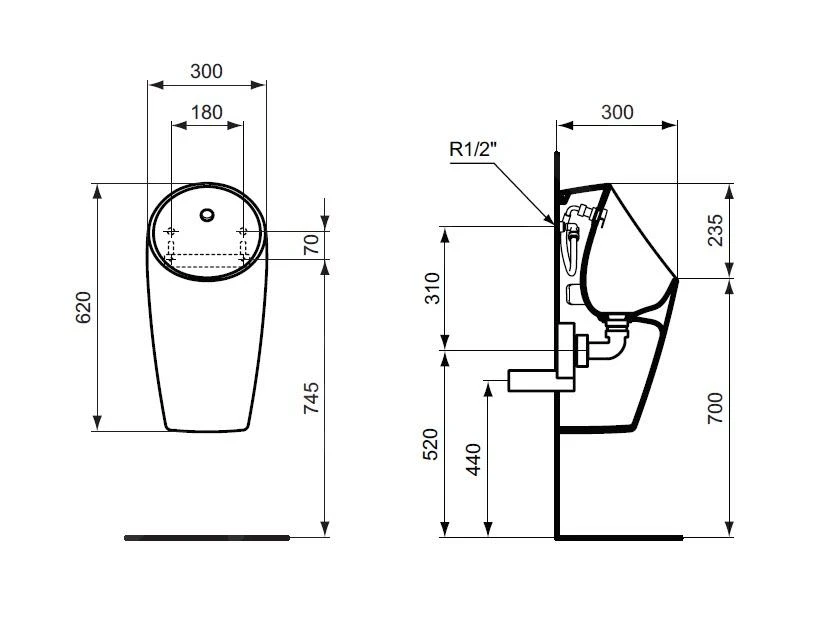 Ideal Standard Sphero - Urinoir, Met Achteraansluiting, Rimless, Wit E183201 2 Ideal Standard Sphero - Urinoir, Met Achteraansluiting, Rimless, Wit E183201 - Afbeelding 2