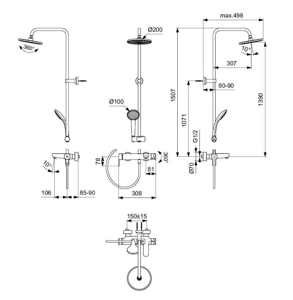 Ideal Standard Cerafine O - Doucheset Incl. Badkraan, 200 Mm, 1-jet, Zwart BC749XG 2 Ideal Standard Cerafine O - Doucheset Incl. Badkraan, 200 Mm, 1-jet, Zwart BC749XG - Afbeelding 2