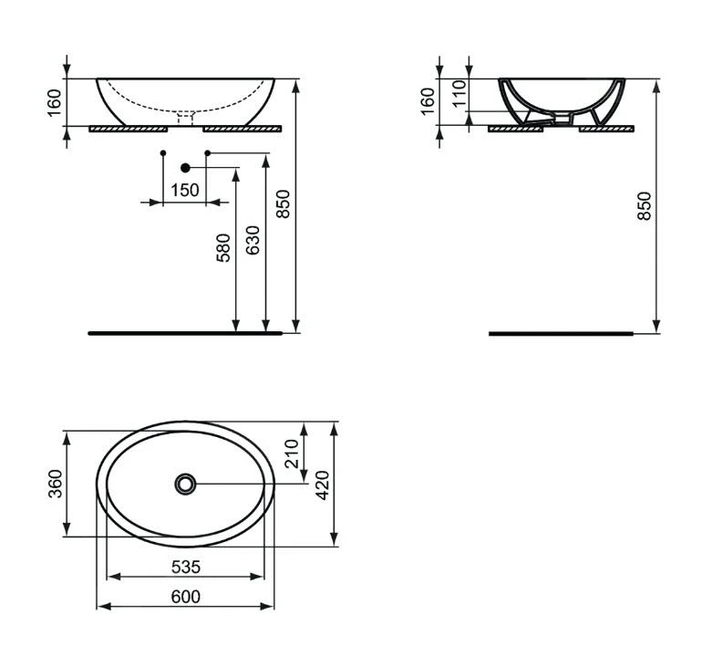 Ideal Standard Strada - Opbouwwastafel, 600x420 Mm, Zonder Overloop, Zwart K0784V3 2 Ideal Standard Strada - Opbouwwastafel, 600x420 Mm, Zonder Overloop, Zwart K0784V3 - Afbeelding 2