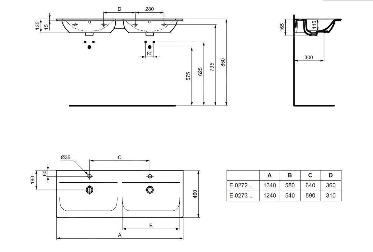 Ideal Standard Connect Air - Dubbele Wastafel, 1240x460 Mm, Met Overloop, Wit E027301 2 Ideal Standard Connect Air - Dubbele Wastafel, 1240x460 Mm, Met Overloop, Wit E027301 - Afbeelding 2