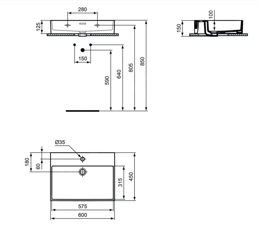 Ideal Standard Extra - Wastafel 600x450 Mm, Met Overloop, Met Kraangat, Wit T372701 2 Ideal Standard Extra - Wastafel 600x450 Mm, Met Overloop, Met Kraangat, Wit T372701 - Afbeelding 2