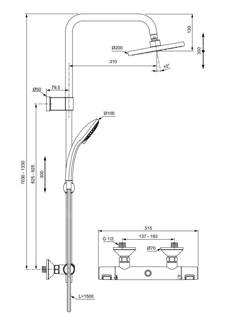 Ideal Standard CeraTherm - Doucheset Met Thermostaat, 300x200 Mm, 3jets, Chroom A7701AA 2 Ideal Standard CeraTherm - Doucheset Met Thermostaat, 300x200 Mm, 3jets, Chroom A7701AA - Afbeelding 2