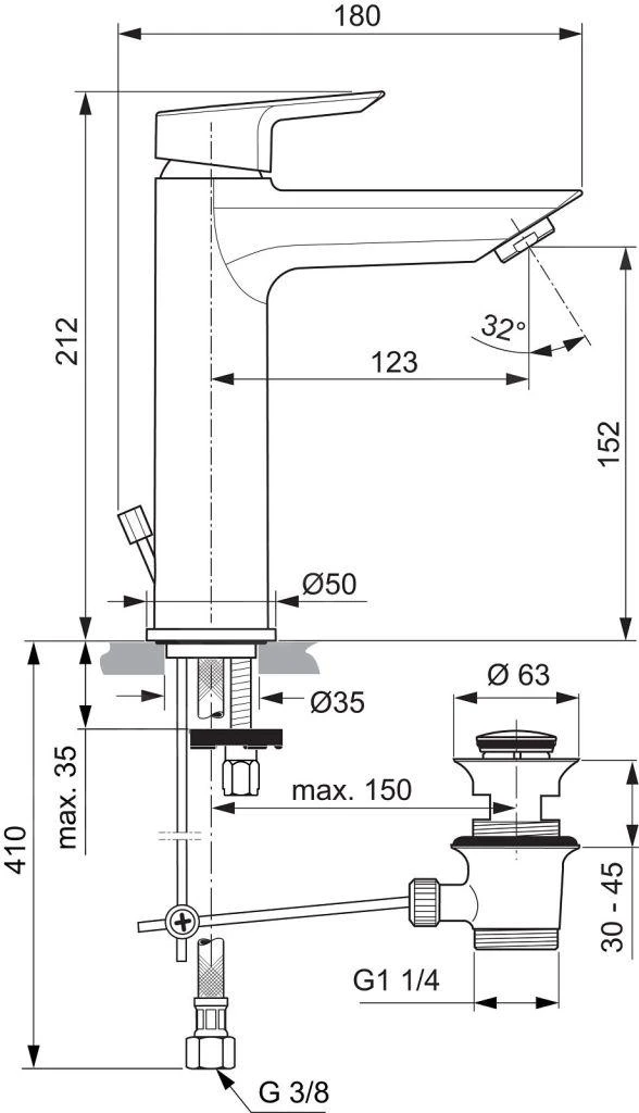 Ideal Standard Tesi - Grande Wastafelkraan, Met Waste, Chroom A6563AA 2 Ideal Standard Tesi - Grande Wastafelkraan, Met Waste, Chroom A6563AA - Afbeelding 2