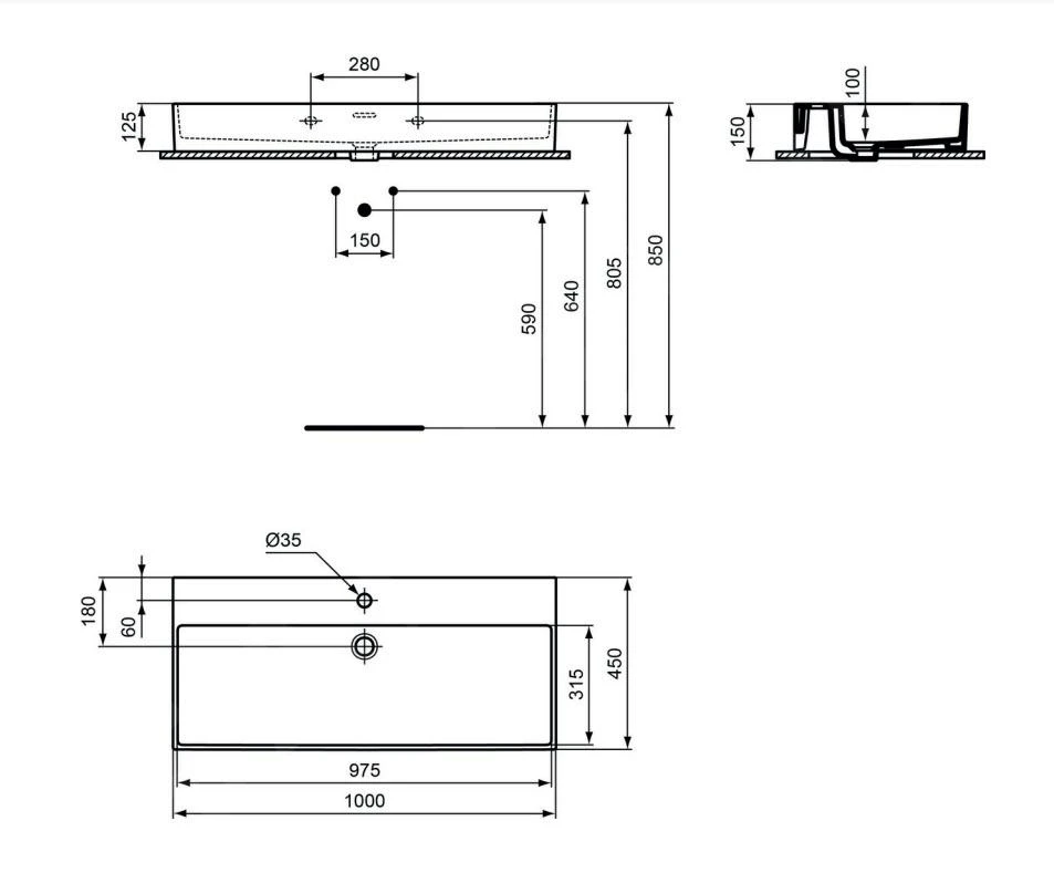 Ideal Standard Extra - Wastafel 1000x450 Mm, Met Overloop, Met Kraangat, Wit T373001 2 Ideal Standard Extra - Wastafel 1000x450 Mm, Met Overloop, Met Kraangat, Wit T373001 - Afbeelding 2