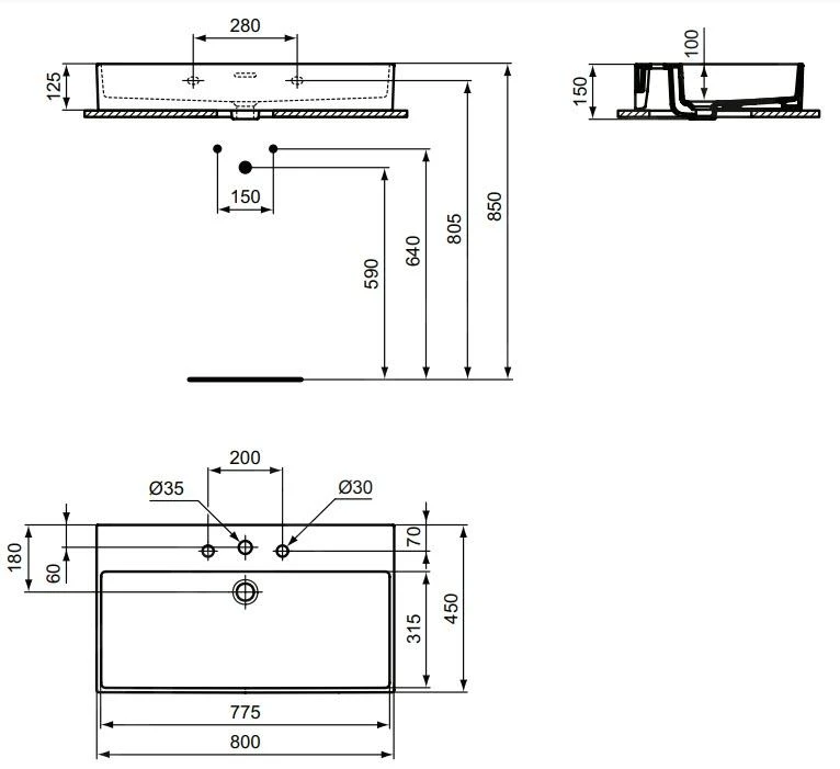Ideal Standard Extra - Wastafel 800x450 Mm, Met Overloop, Met 3 Kraangaten, Wit T389701 2 Ideal Standard Extra - Wastafel 800x450 Mm, Met Overloop, Met 3 Kraangaten, Wit T389701 - Afbeelding 2