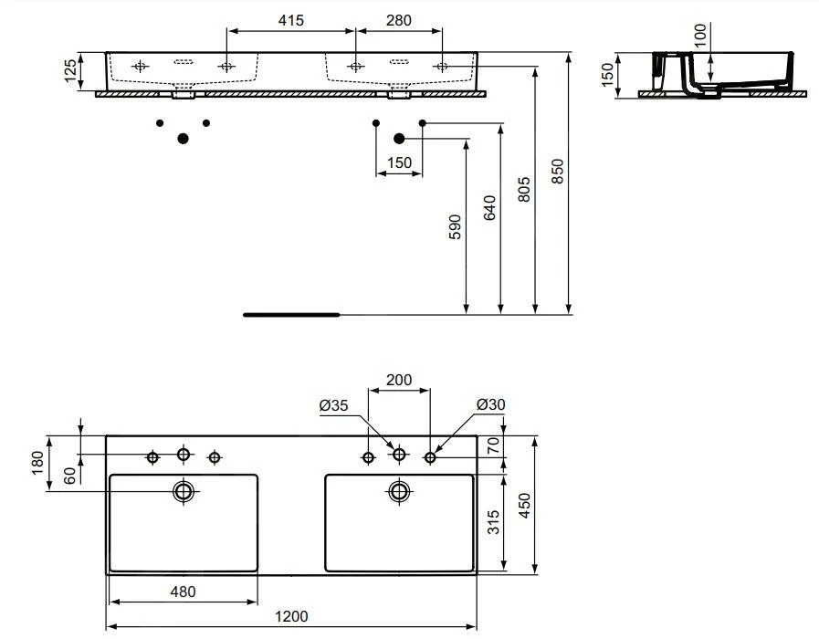 Ideal Standard Extra - Dubbele Wastafel 1200x450 Mm, Met Overloop, 3 Met Kraangat, Wit T391001 2 Ideal Standard Extra - Dubbele Wastafel 1200x450 Mm, Met Overloop, 3 Met Kraangat, Wit T391001 - Afbeelding 2