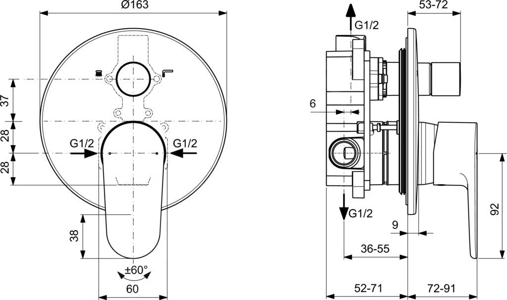 Ideal Standard Cerafine O - Inbouwkraan Voor 2 Uitgangen, Zwart BD135XG 2 Ideal Standard Cerafine O - Inbouwkraan Voor 2 Uitgangen, Zwart BD135XG - Afbeelding 2