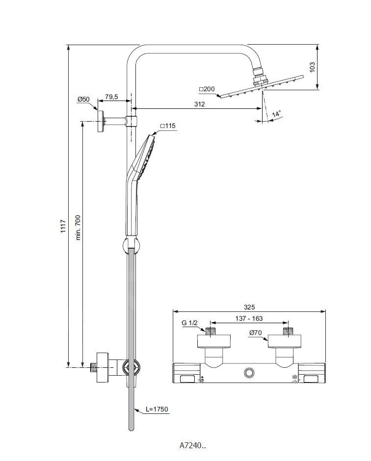 Ideal Standard CeraTherm - T100 Doucheset Met Thermostaat, 200 Mm, 3jets, Chroom A7240AA 2 Ideal Standard CeraTherm - T100 Doucheset Met Thermostaat, 200 Mm, 3jets, Chroom A7240AA - Afbeelding 2
