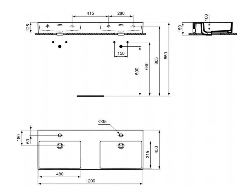 Ideal Standard Extra - Dubbele Wastafel Opbouw 1200x450 Mm, Met Overloop, Met Kraangat, Wit T391301 2 Ideal Standard Extra - Dubbele Wastafel Opbouw 1200x450 Mm, Met Overloop, Met Kraangat, Wit T391301 - Afbeelding 2