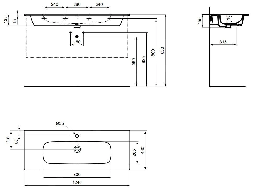 Ideal Standard I.Life A - Wastafel 1240x460 Mm, Met Overloop, Kraangat, Wit T462201 2 Ideal Standard I.Life A - Wastafel 1240x460 Mm, Met Overloop, Kraangat, Wit T462201 - Afbeelding 2