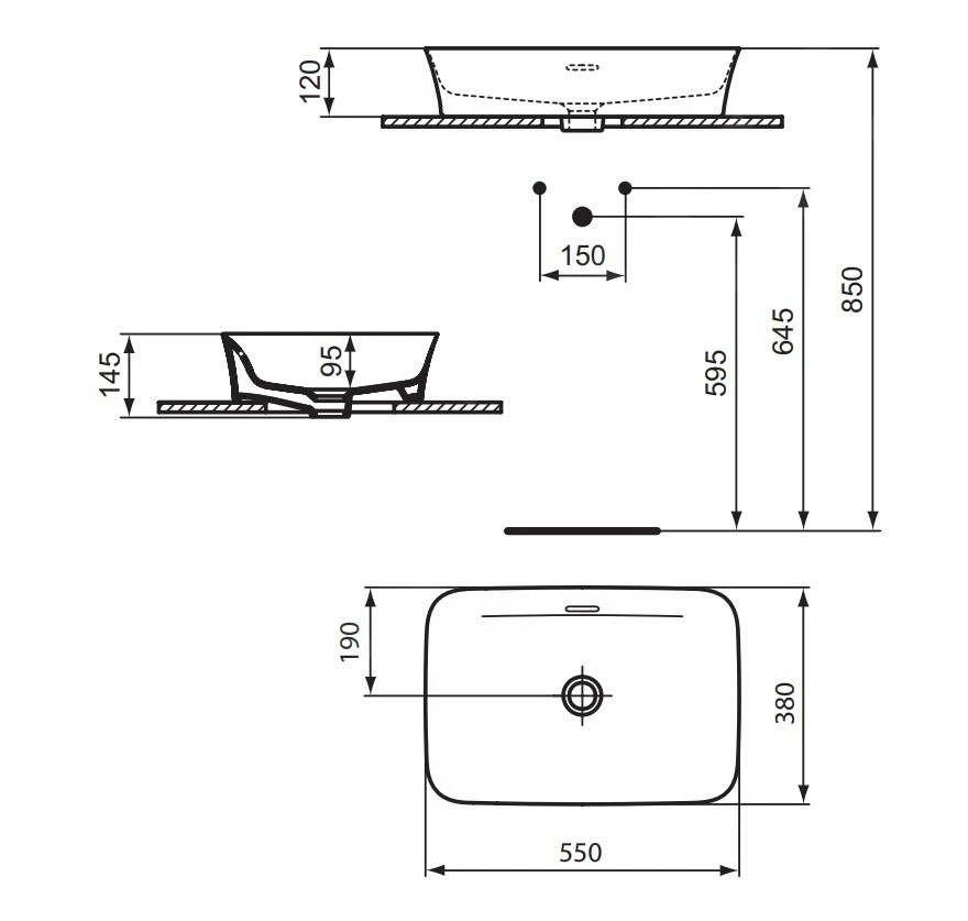 Ideal Standard Ipalyss - Opbouw Wastafel, 550x380 Mm, Met Overloop, Glanzend Zwart E2078V2 2 Ideal Standard Ipalyss - Opbouw Wastafel, 550x380 Mm, Met Overloop, Glanzend Zwart E2078V2 - Afbeelding 2