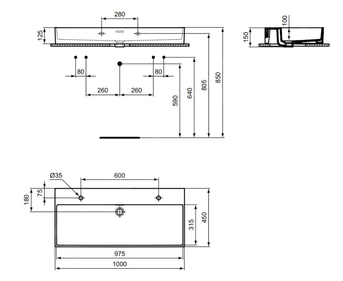 Ideal Standard Extra - Dubbele Wastafel Opbouw 1000x450 Mm, Met Overloop, Met Kraangat, Wit T390601 2 Ideal Standard Extra - Dubbele Wastafel Opbouw 1000x450 Mm, Met Overloop, Met Kraangat, Wit T390601 - Afbeelding 2