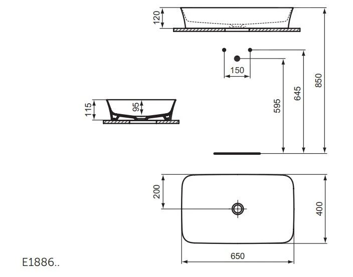 Ideal Standard Ipalyss - Opbouwwastafel, 650x400 Mm, Zonder Overloop, Ideal Plus, Wit E1886MA 2 Ideal Standard Ipalyss - Opbouwwastafel, 650x400 Mm, Zonder Overloop, Ideal Plus, Wit E1886MA - Afbeelding 2