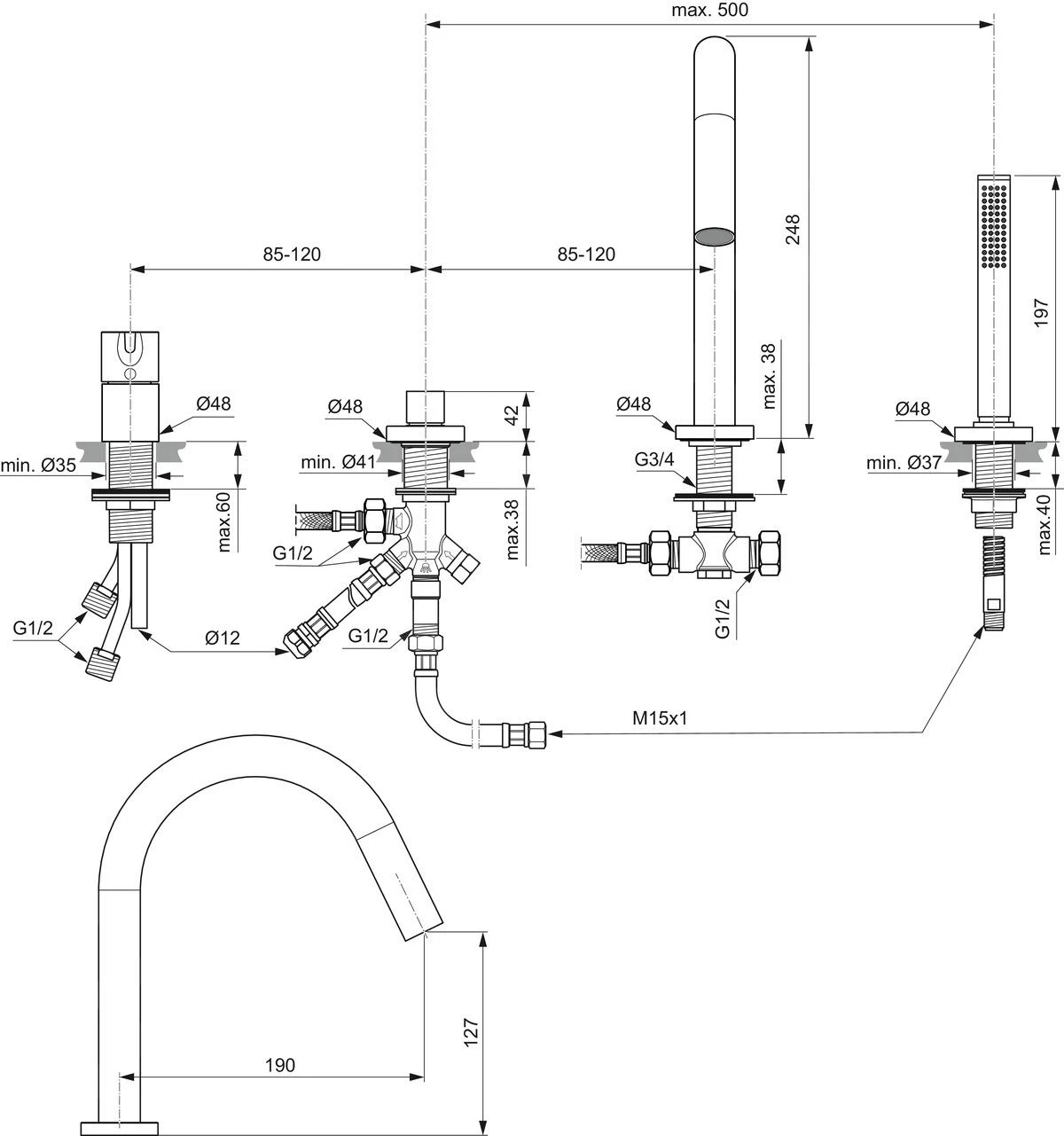 Ideal Standard Joy - Badkraan Voor Badrandmontage, 4-gats, Silver Storm BC789GN 2 Ideal Standard Joy - Badkraan Voor Badrandmontage, 4-gats, Silver Storm BC789GN - Afbeelding 2
