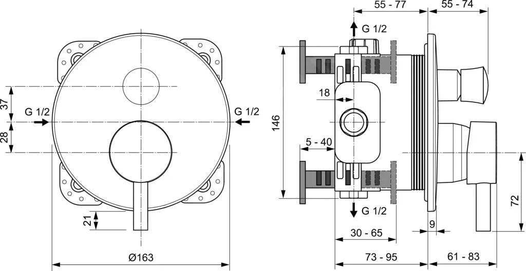Ideal Standard CeraLine - Inbouwkraan Voor 2 Uitgangen, Zwart A7389XG 2 Ideal Standard CeraLine - Inbouwkraan Voor 2 Uitgangen, Zwart A7389XG - Afbeelding 2