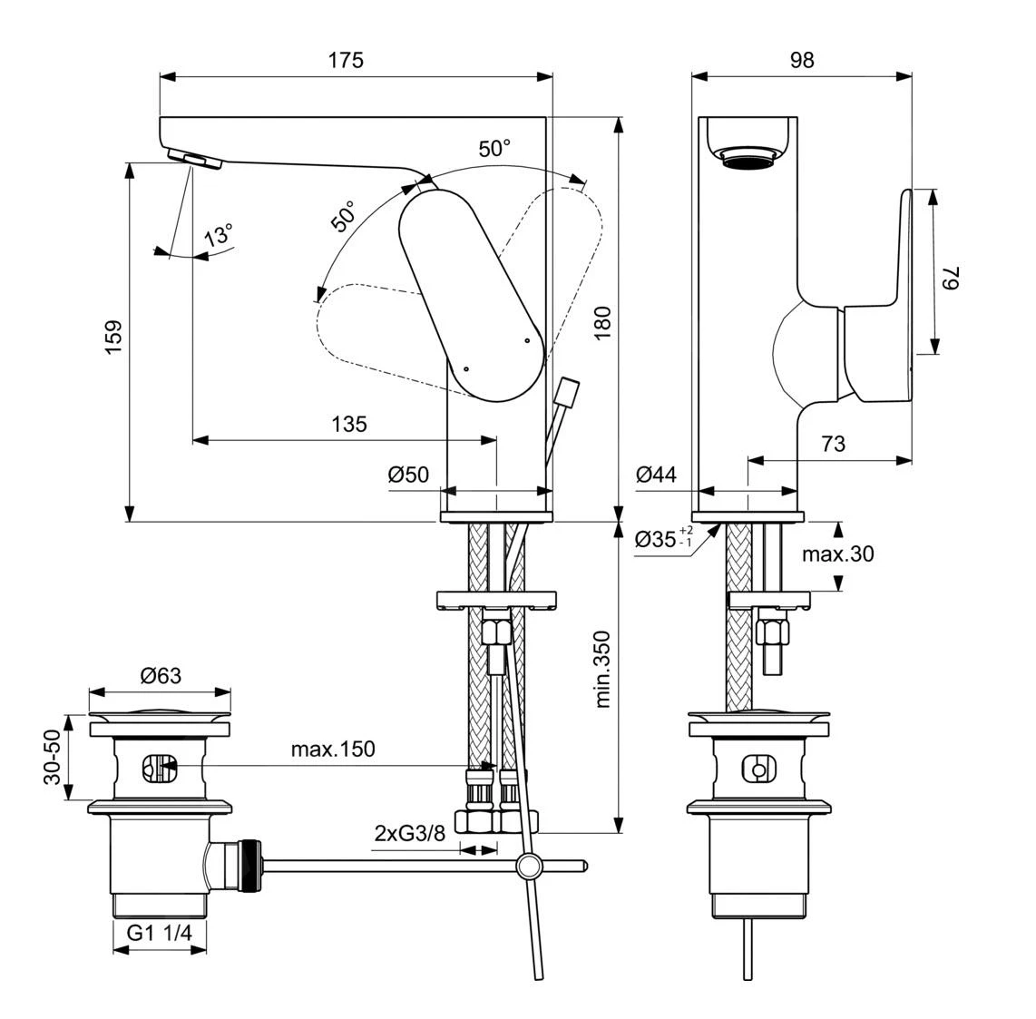 Ideal Standard Cerafine O - Wastafelkraan Met Afvoer, Chroom BC497AA 2 Ideal Standard Cerafine O - Wastafelkraan Met Afvoer, Chroom BC497AA - Afbeelding 2
