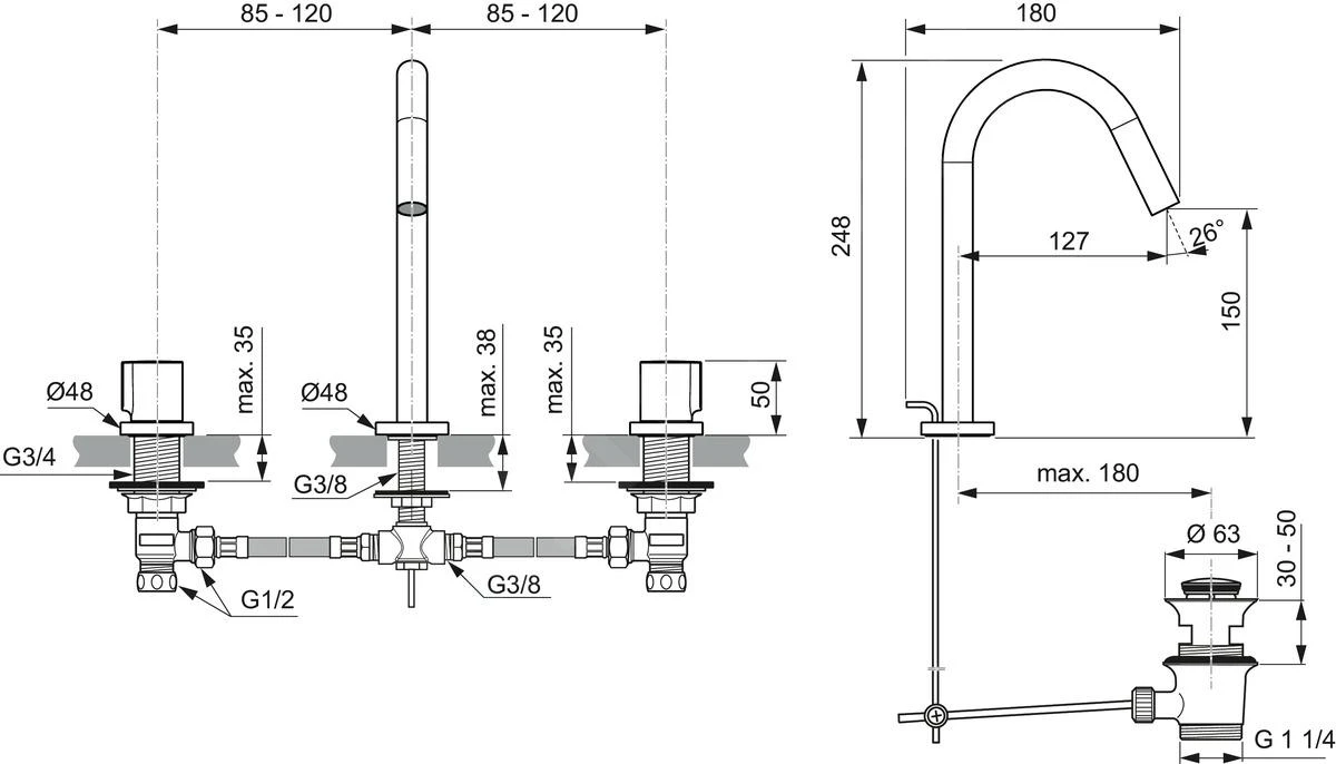 Ideal Standard Joy - Wastafelkraan, 3-gats, Met Waste, Brushed Gold BC783A2 2 Ideal Standard Joy - Wastafelkraan, 3-gats, Met Waste, Brushed Gold BC783A2 - Afbeelding 2