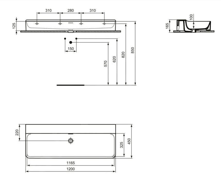 Ideal Standard Conca Ceram - Dubbele Wastafel Opbouw 1200x450 Mm, Met Overloop, Zonder Kraangat, Wit T384101 2 Ideal Standard Conca Ceram - Dubbele Wastafel Opbouw 1200x450 Mm, Met Overloop, Zonder Kraangat, Wit T384101 - Afbeelding 2