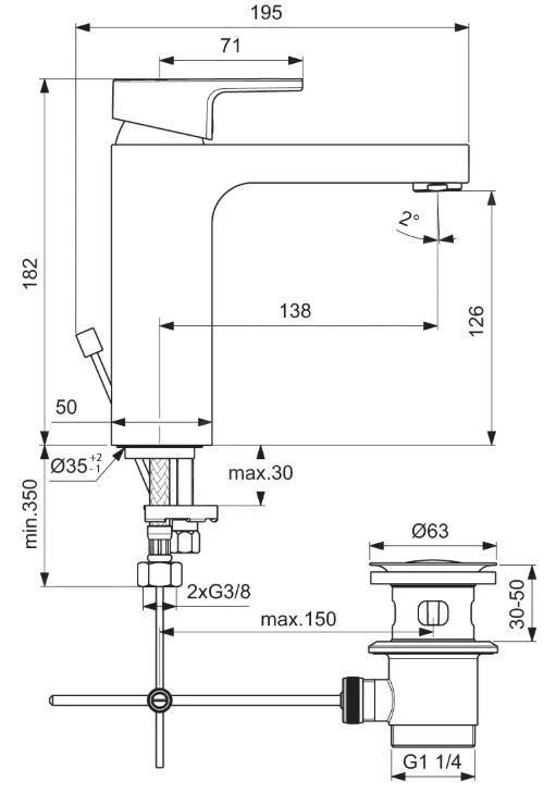 Ideal Standard Edge - Grande Wastafelkraan, Met Waste, Chroom A7109AA 2 Ideal Standard Edge - Grande Wastafelkraan, Met Waste, Chroom A7109AA - Afbeelding 2