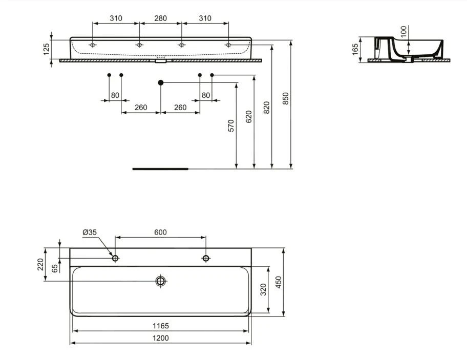 Ideal Standard Conca Ceram - Dubbele Wastafel Opbouw 1200x450 Mm, Zonder Overloop, Met Kraangat, Wit T384401 2 Ideal Standard Conca Ceram - Dubbele Wastafel Opbouw 1200x450 Mm, Zonder Overloop, Met Kraangat, Wit T384401 - Afbeelding 2